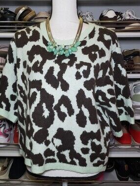 Worthington Sweater Mint Frost Green color with a Black Leopard print pattern